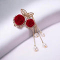 Floral Hair Clutcher with Red Rose, Golden Butterfly Accent and Pearl Danglers, Romantic Style